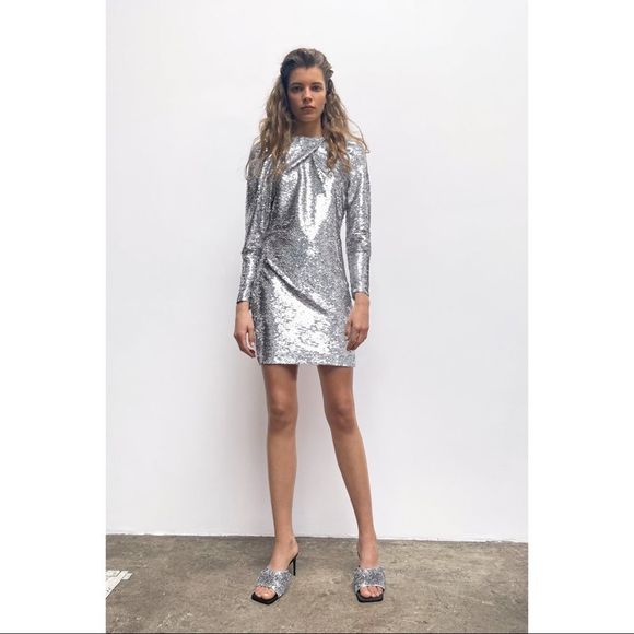 Zara Dresses & Skirts - NWT ZARA Sequin Silver Mini Party Long Sleeve Dress - Small